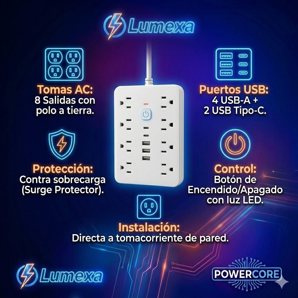 POWERCORE: Protección Contra Sobretensiones + 4 Puertos USB