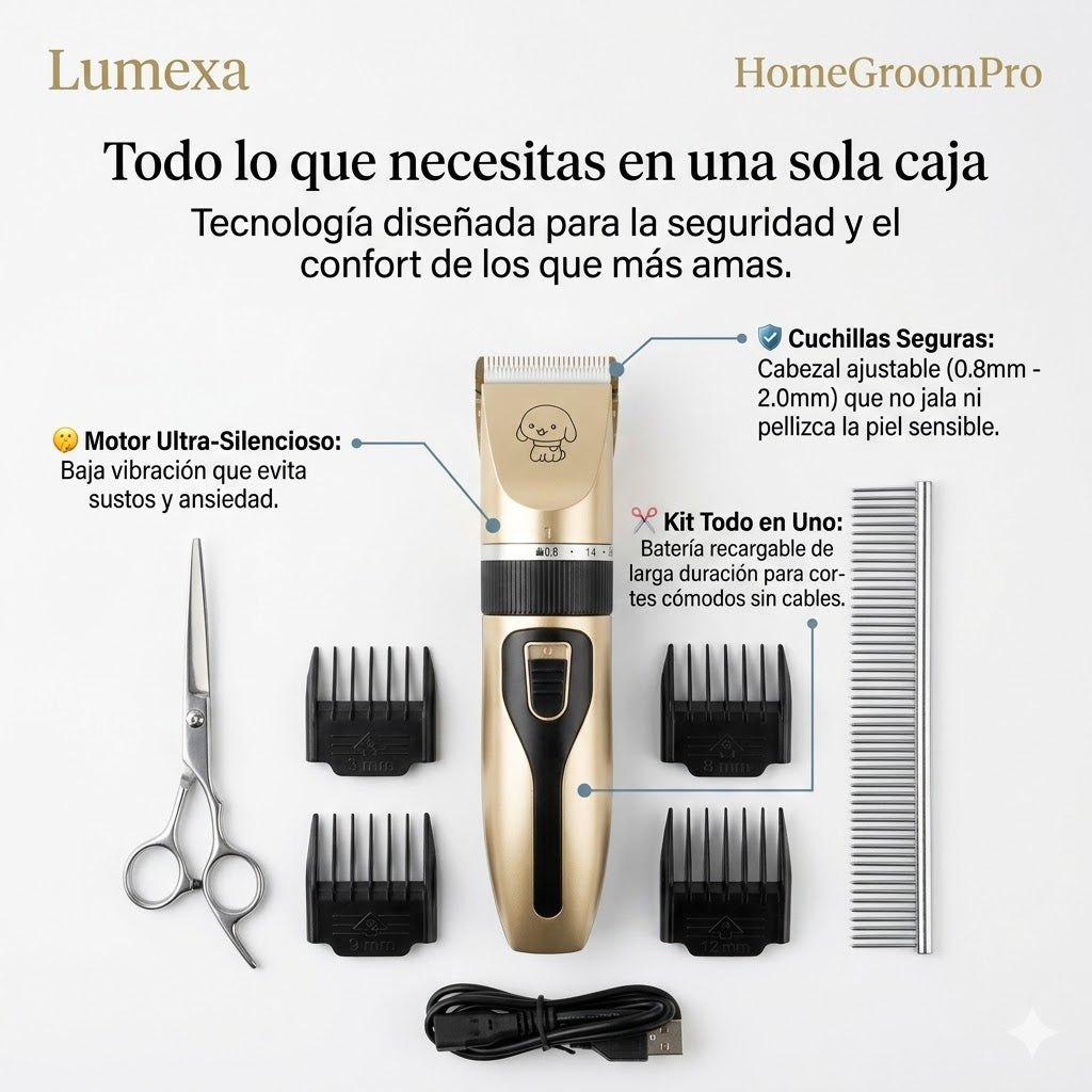 HomeGroomPro®: Máquina Silenciosa + 4 Guías y Accesorios