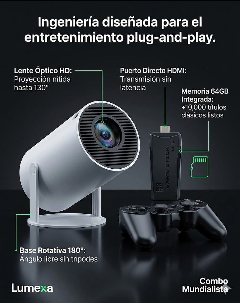 Combo Mundialista Ultra: Proyector Inteligente Portátil + Consola 4K con 2 Controles