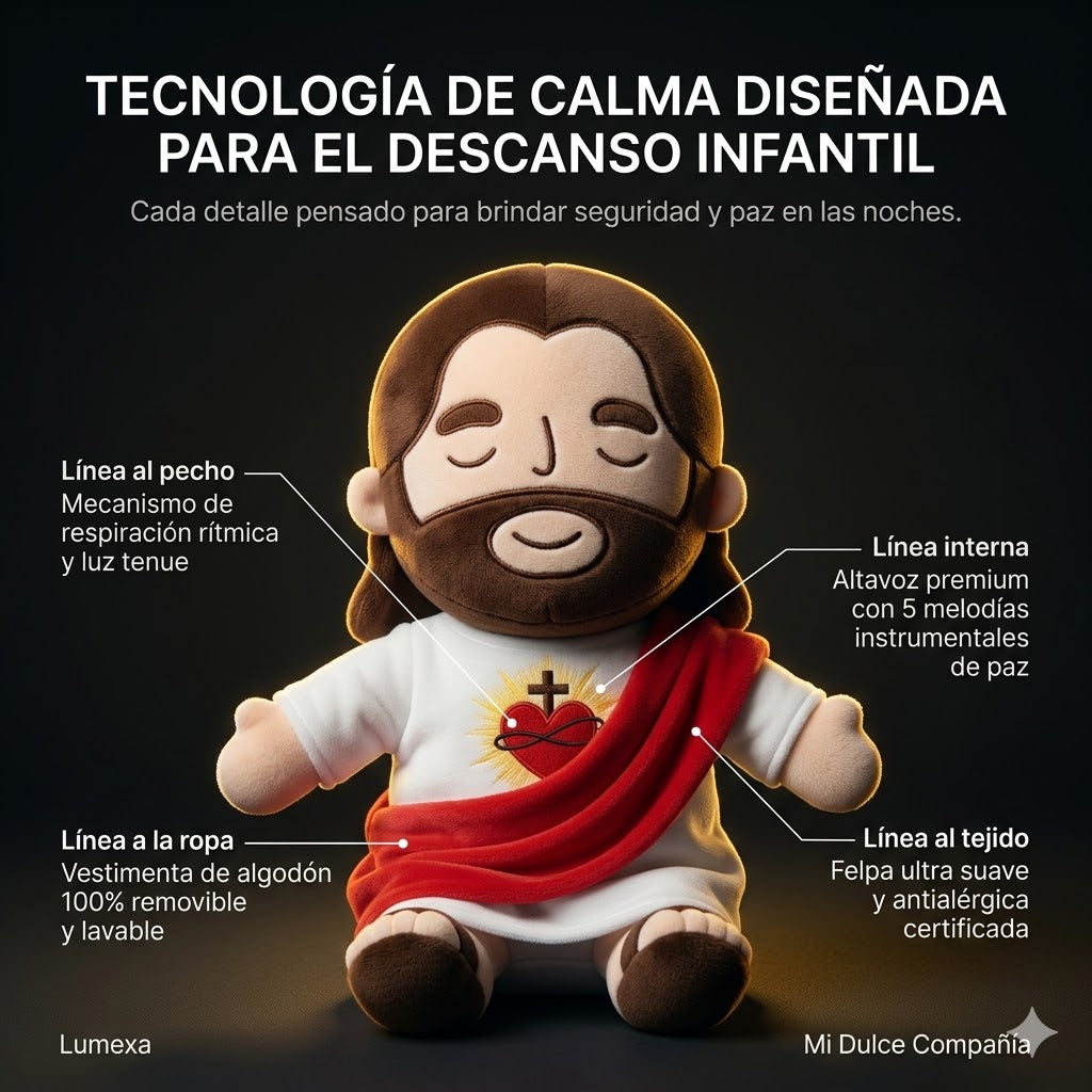 Peluche Terapéutico de Jesús con Simulación de Respiración, Luz Cálida y Melodías